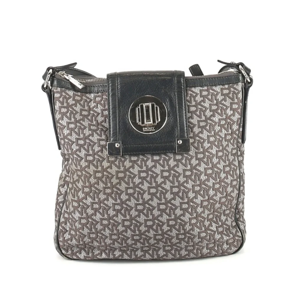 DKNY | Black & Gray Patterned Bag Canvas Leather Crossbody Logo Silver Hardware